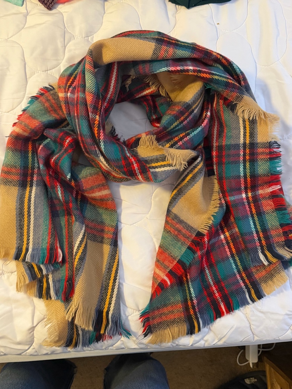 Cozy Plaid Tassel Scarf - Beige, Red & Green